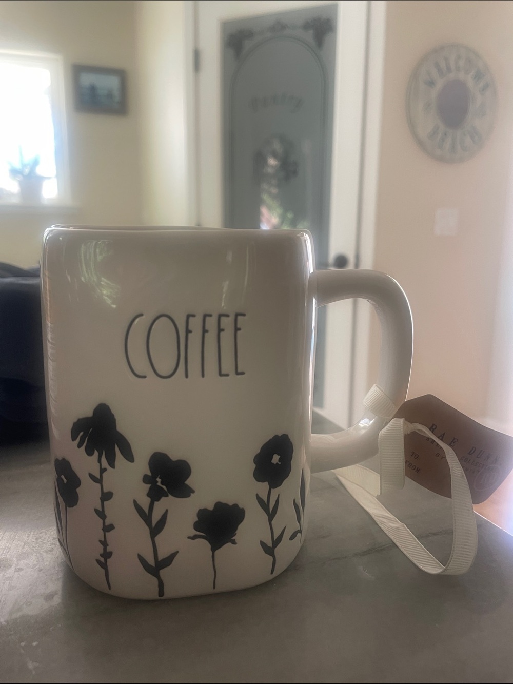 Rae Dunn White Mug with Black Floral 'COFFEE' Lettering